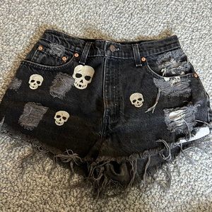 Furst of A Kind Grey Denim Shorts with White Skulls, One of a Kind. Fits like 27